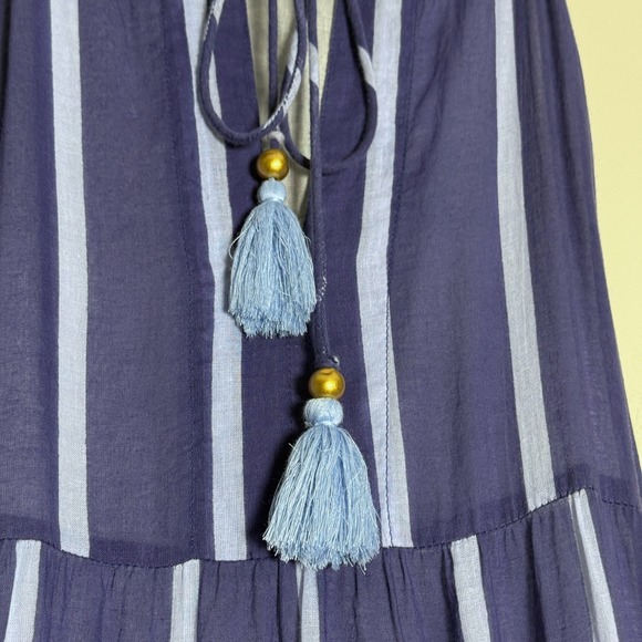 Oliphant Womens Tiered Maxi Dress L Blue Striped Tank Tassels Resort Vacation - Picture 9 of 11